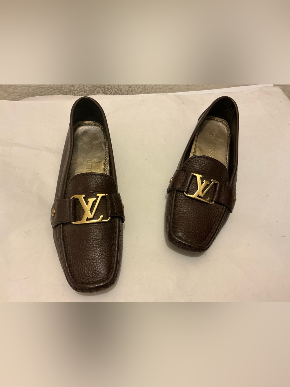Louis Vuitton Brown Leather Moccasin Loafers with Gold LV Accent